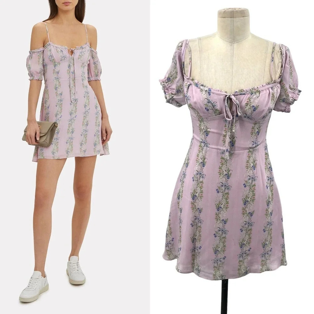 INTERMIX Lily Floral Mini Dress Purple Off the Shoulder Size 2